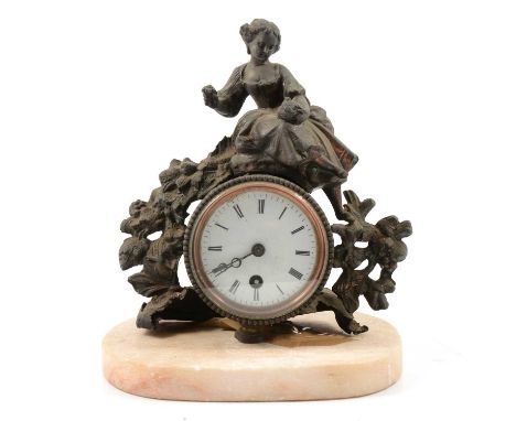 French spelter mantel clock, drum surmounted by a figure of a young lady with a bird's nest, replaced alabaster base, 25cm.