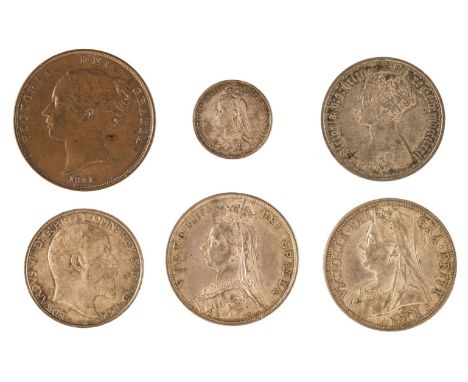  Victoria (1837-1901). Halfcrowns 1887, 1901. Florin 1872. Sixpence 1887, withdrawn type, Penny 1841, ornamental trident with