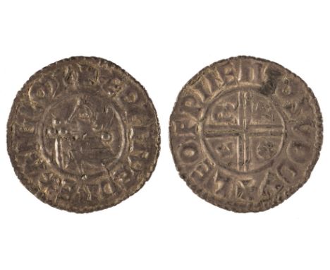 Aethelred II (978-1016). Penny, CRUX Type, Sudbury Mint, Moneyer: Leofpine. Obverse: Bust right holding sceptre. Reverse: C/R