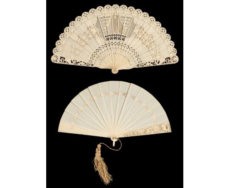 Brisé fan. A carved ivory fan, circa 1880s/90s, ivory brisé fan, the sticks joined with cream silk ribbon, 2 marks on verso (