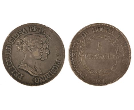 Italy. Florence. Lucca And Piombino, Elisa Bonaparte with Felice Baciocchi. 5 Francs, 1808, Florence Mint, obverse: conjoined