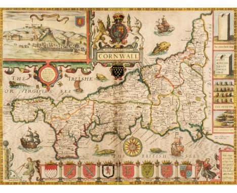 Cornwall. Speed (John &amp; Norden John), Cornwall, John Sudbury &amp; George Humble, circa 1627, hand-coloured engraved map,