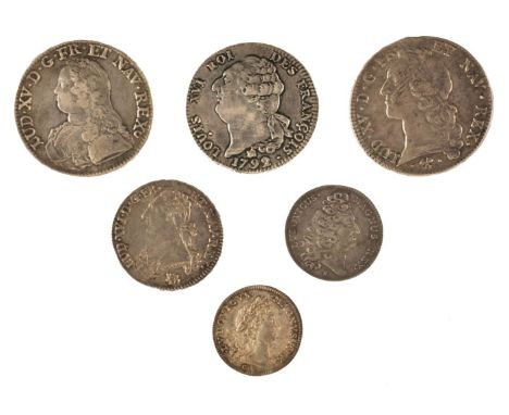 France. Louis XIV (1643-1715). AR Jetons, 1680, 1714. Louis XV (1715-74). ECU, 1728 E, Tours Mint, ECU, 1763 L, Bayonne Mint.
