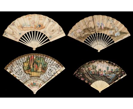 Continental fan. A painted fan, mid 18th century, folding paper fan, hand-painted to both sides of the leaf, the recto with 4