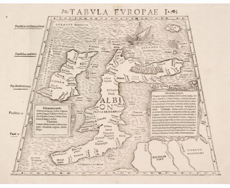 British Isles. Munster (Sebastian), Tabula Europae I, Basle, circa 1542, uncoloured woodblock Ptolemaic map on a trapezoidal 