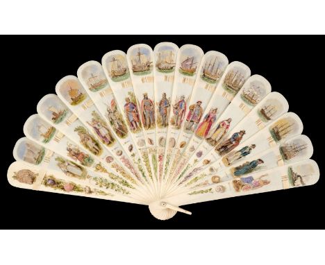 Lucas (Albert Dürer, 1828-1919). The Ships of Old England, 1875, hand-painted ivory brisé fan, comprising 16 sticks each depi