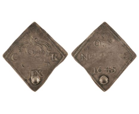 Charles I (1625-49). Ninepence, Newark 1645, Siege Issue, obverse: Crown between CR, above value IX, reverse: OBS / NEWARKE /