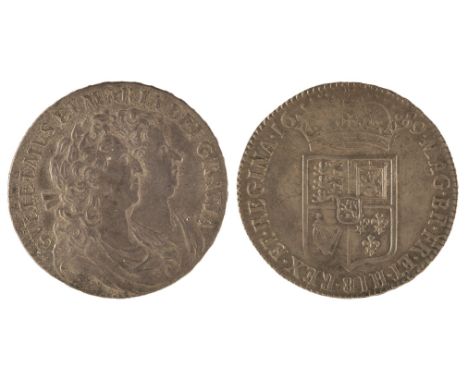 William and Mary (1689-94). Halfcrown, 1689, PRIMO Edge, First Reverse, obverse: conjoined busts right, reverse: crown with n