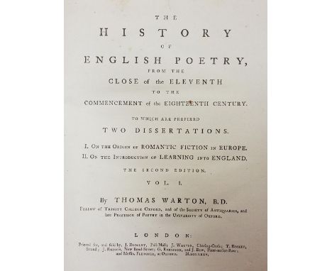 Warton (Thomas). The History of English Poetry, from the close of the eleventh to the commencement of the eighteenth century.