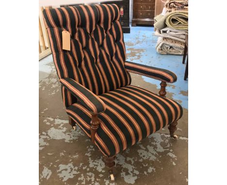 LIBRARY ARMCHAIR, Victorian walnut, upholstered in striped Robert Kime chenille, raised on turned legs and ceramic Cope &amp;