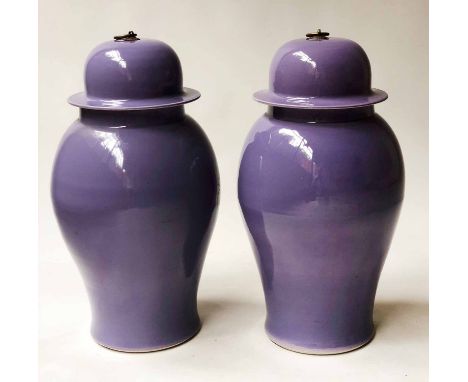 TEMPLE JARS, a pair, Chinese purple ceramic, in the form of lidded ginger jars, 75cm H. (2)