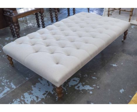 HEARTH STOOL, Victorian style, button upholstered on turned supports, 193cm x 94cm x 35cm. 