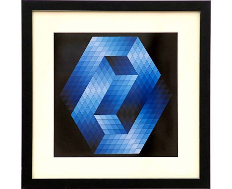 VICTOR VASARELY 'Gestalt Blue', off-set lithograph, 1971, Volume: Hommage a l Hexagone, 25cm x 25cm, framed.