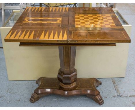 GAMES TABLE, 19th century style, walnut, with foldover top inlaid for chess and backgammon, 78cm H x 77cm W x 42cm D (with fa