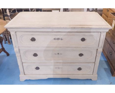 COMMODE, 19th century German, grey painted pine, with three long drawers, 116cm W x 59cm D x 88cm H.