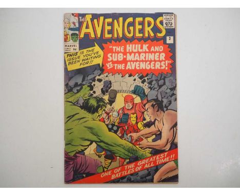 AVENGERS #3 (1964 - MARVEL - UK Price Variant) - Classic battle of the Avengers vs the Hulk and Sub-Mariner - Jack Kirby Cove