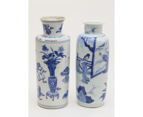 Two Chinese blue and white vases, Kangxi (1662-1722), one of cylinder form decorated with 'one hundred antiques', blue double