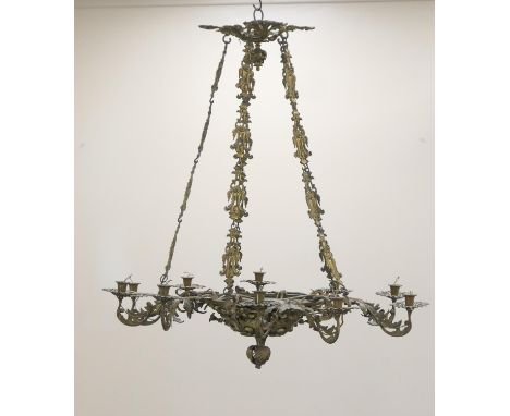 French gilt brass ten branch chandelier, late 19th/early 20th Century, cast throughout with acanthus and ivy trumpets, 90cm d