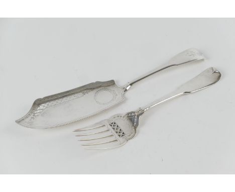 George III silver fiddle pattern fish slice, London 1804, weight approx. 130g; also a later silver fiddle pattern fish servin