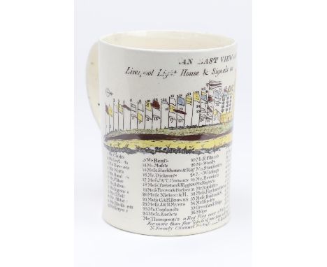 Liverpool printed creamware signal mug, circa 1793-1800, cylinder form with printed and hand coloured decoration, inscribed '