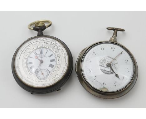 French gun metal open faced pocket watch barometer, signed 'Maison de Dr. A Chevalier, Paris', 54mm diameter, with adjustable