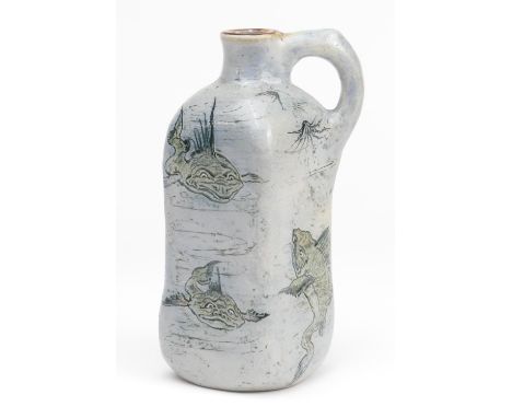 Martin Brothers aquatic flask, by Edwin and Walter Martin, dated 1896, slightly waisted square section, incised with grotesqu