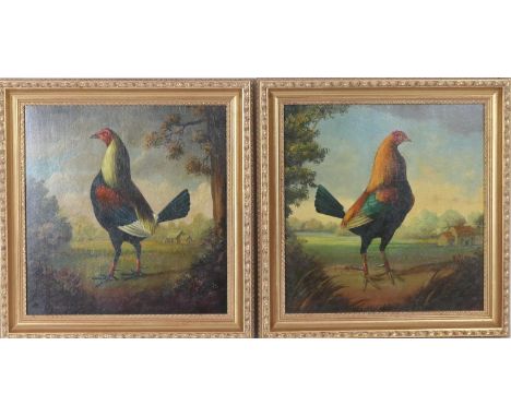 CATALOGUE DESCRIPTION AMENDMENT: W W Windred, Prize fighting cocks, signed oils on panel, 31cm x 30cm, untitled, thought poss