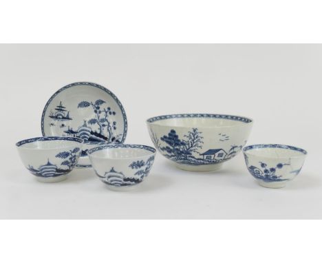 Worcester blue and white bowl, in the rock strata island pattern, circa 1770-80, open crescent mark, 15cm diameter; also a Wo