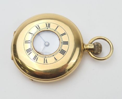 Waltham 18ct gold cased half hunter pocket watch, Chester 1916, 49mm outer case with enamelled Roman numerals, opening to a w