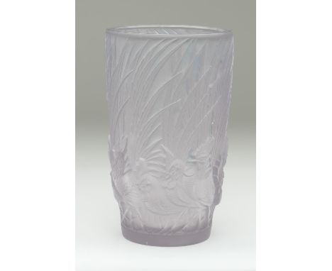 Lalique Coq et Plumes vase, number 1033, designed in 1928, frosted with light blue staining visible, wheel engraved mark 'R L