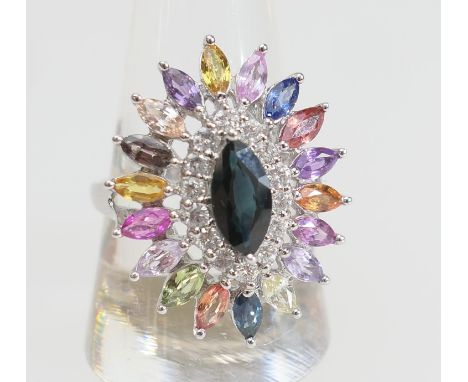 Diamond and multi-coloured sapphire cluster ring in 18ct white gold, centred with a marquise sapphire of approx. 9mm x 5mm, b