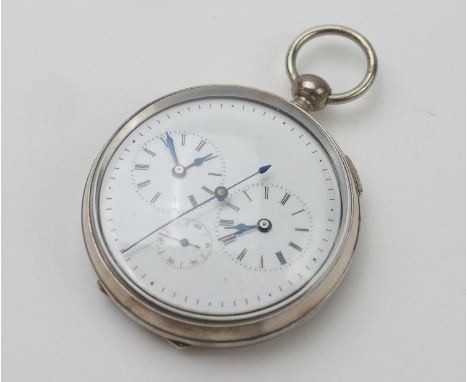 Continental silver cased dual time zone pocket watch, London import marks for 1924, white enamelled dial with two subsidiary 