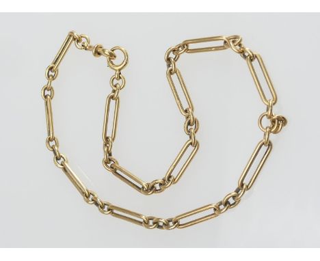 18ct gold bar and chain link watch chain, with bolt ring and spring clip, length 48cm, weight approx. 61g (Please note condit