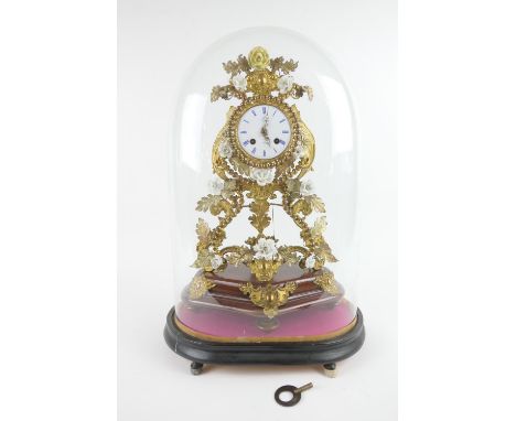 French mantel clock by Mole a Paris, white enamelled dial with blue Roman numerals, eight day signed silk suspension movement
