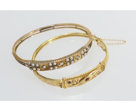 Ruby and diamond hinged bangle in yellow metal,  with Victorian and later elements, cuff size 57mm, gross weight approx. 15g;