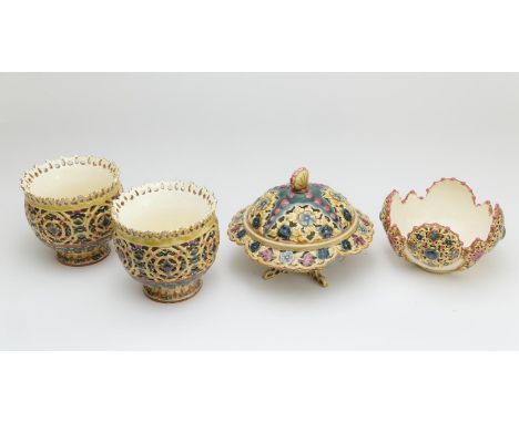 Pair of Zsolnay reticulated footed bowls in Persian style, pierced and decorated in lustrous colours and gilt, impressed mark