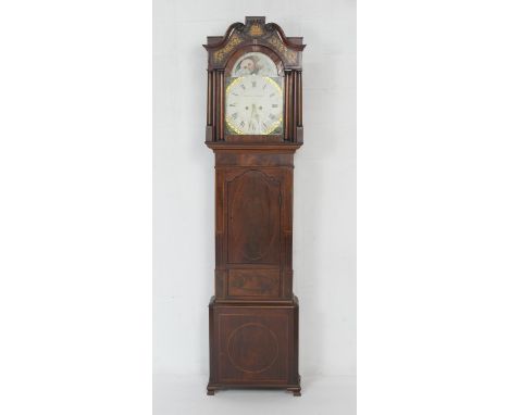 Mahogany eight day longcase clock, by Wardlan, Liverpool, early 19th Century, the hood with faux verre eglomise panels painte