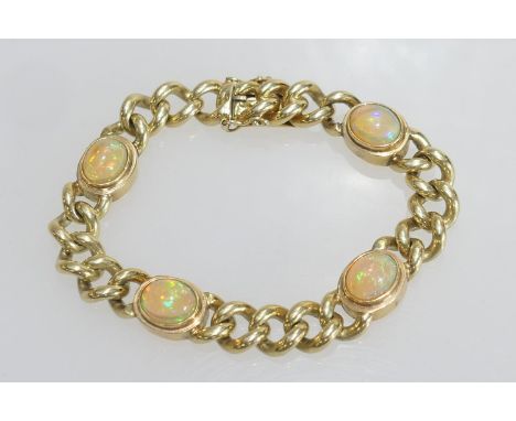 14ct gold and opal bracelet, the curb link bracelet dispersed with four cabochon opals approx. 10mm x 8mm each, length 18cm, 