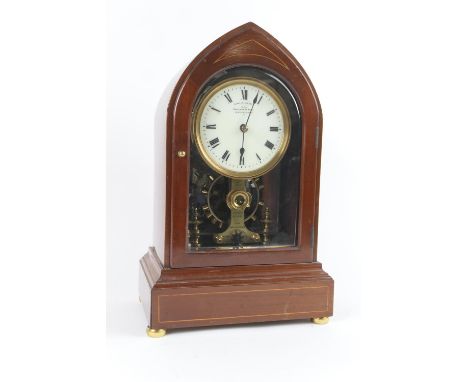 Eureka Clock Company mahogany cased electric mantel clock, 1906, the lancet shaped case with boxwood line inlays, 11cm dial w