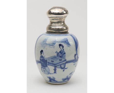 Chinese blue and white caddy vase, Kangxi (1662-1722), ovoid form with later Dutch silver mounts, decorated with figures and 