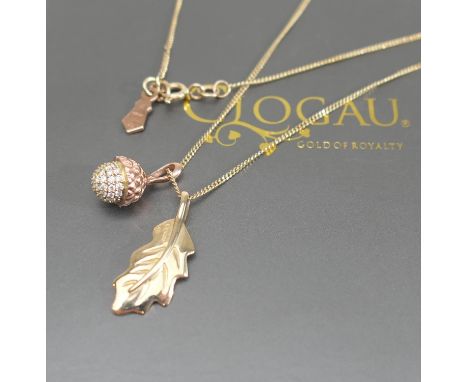 Clogau 9ct gold and diamond acorn and  oak leaf pendant necklace, the pendant suspended from a fine curb link necklace with b