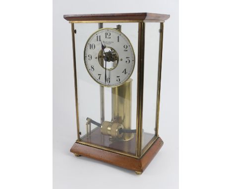 Bulle electric mantel clock, mahogany and brass four glass case enclosing a 13.5cm chapter ring with Arabic numerals, brass c