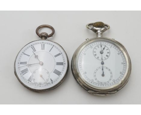 Unusual niello open faced pocket watch, with stopwatch dial, small subsidiary time dial, subsidiary minutes marker, the movem
