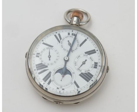 Rare Swiss 935 standard silver Goliath full calendar and moonphase pocket watch, 70mm case with Roman numerals, moonphase at 