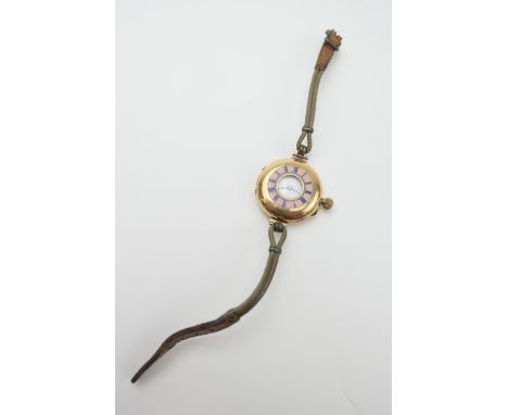 Swiss lady's 18ct gold early half hunter wristwatch, circa 1910, the outer case with pink guilloche enamelled chapter ring wi
