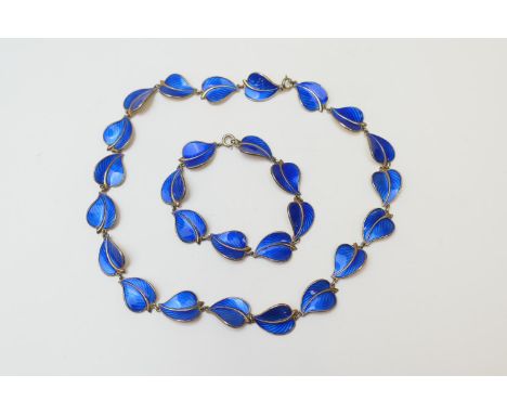 Norwegian blue enamelled sterling silver gilt leaf link necklace with bolt ring clasp, length 44.5cm, together with a matchin