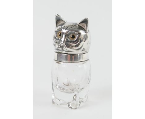 Victorian novelty silver mounted moulded glass scent bottle in the form of a kitten, by William Hutton &amp; Sons, London 189