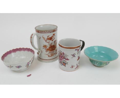 Chinese tankard, Qianlong (1736-95), cylinder form decorated with peony in terracotta and gilt colours, height 16.5cm; also a