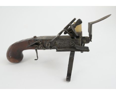 Late 18th Century steel flintlock pistol tinder lighter, the engraved steel action signed 'J Savage', with walnut stock, leng