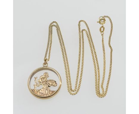 9ct gold St. Christopher pendant necklace, circular ring form pendant, 20mm, suspended from a fine curb link necklace, with r